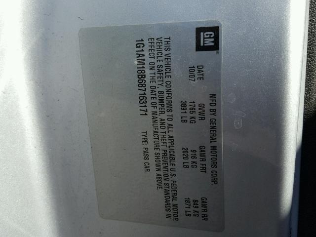 1G1AM18B687163171 - 2008 CHEVROLET COBALT SPO SILVER photo 10