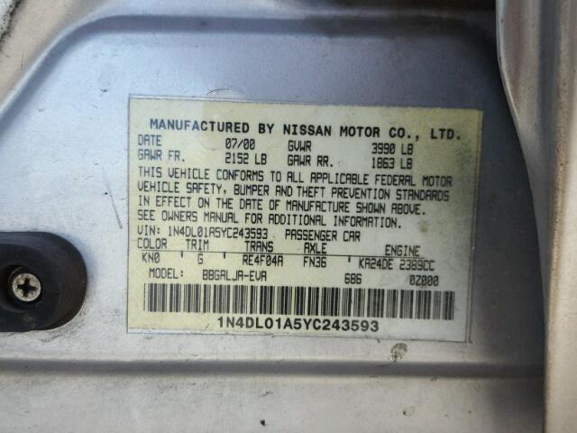 1N4DL01A5YC243593 - 2000 NISSAN ALTIMA XE SILVER photo 10