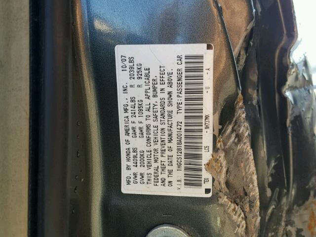 1HGCS12818A001472 - 2008 HONDA ACCORD EXL GRAY photo 10