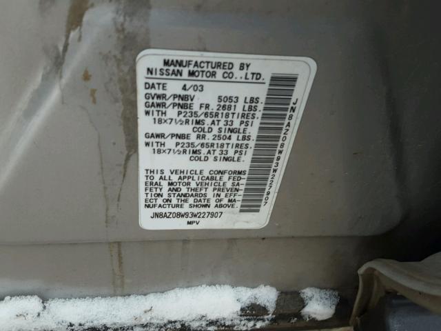 JN8AZ08W93W227907 - 2003 NISSAN MURANO SL SILVER photo 10