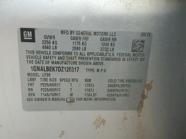 1GNALBEK7DZ126317 - 2013 CHEVROLET EQUINOX LS SILVER photo 10