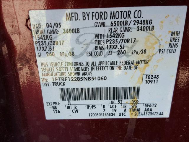 1FTRF12285NB51060 - 2005 FORD F150 RED photo 10