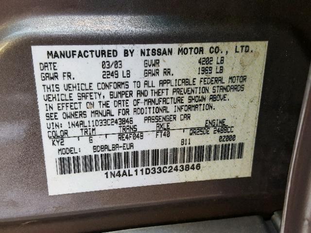 1N4AL11D33C243846 - 2003 NISSAN ALTIMA BAS GRAY photo 10