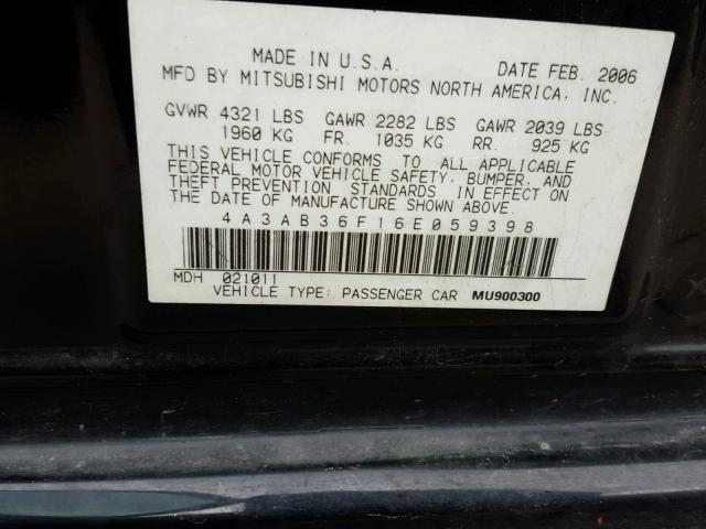 4A3AB36F16E059398 - 2006 MITSUBISHI GALANT ES BLACK photo 10