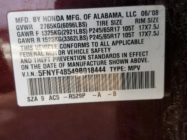 5FNYF48549B018444 - 2009 HONDA PILOT EXL MAROON photo 10