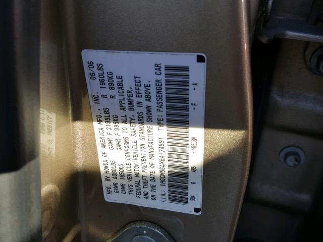 1HGCM564X6A174591 - 2006 HONDA ACCORD LX GOLD photo 10