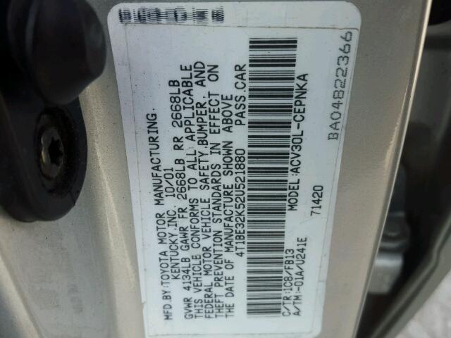 4T1BE32K52U521880 - 2002 TOYOTA CAMRY LE SILVER photo 10