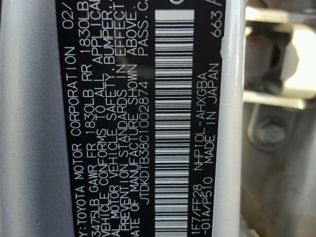 JTDKDTB38C1002874 - 2012 TOYOTA PRIUS C SILVER photo 10