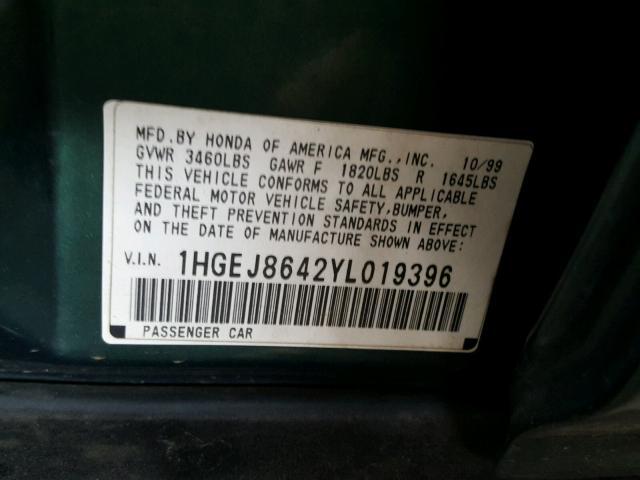 1HGEJ8642YL019396 - 2000 HONDA CIVIC EX GREEN photo 10