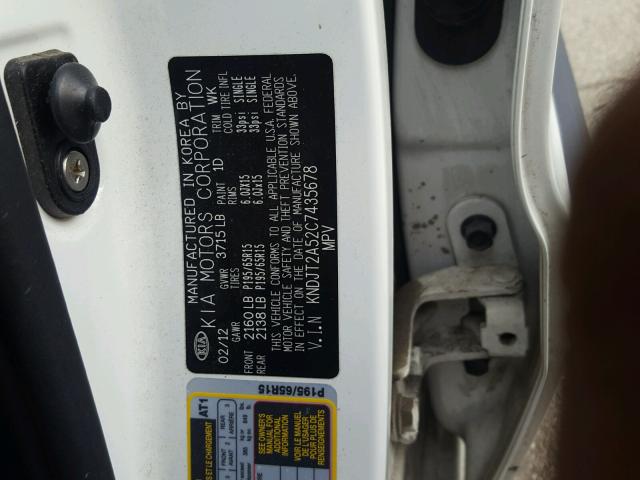 KNDJT2A52C7435678 - 2012 KIA SOUL WHITE photo 10