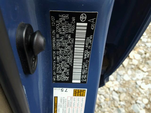 JTDKB20U987741560 - 2008 TOYOTA PRIUS BLUE photo 10