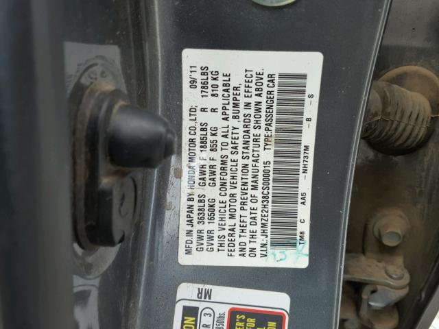 JHMZE2H38CS000015 - 2012 HONDA INSIGHT GRAY photo 10