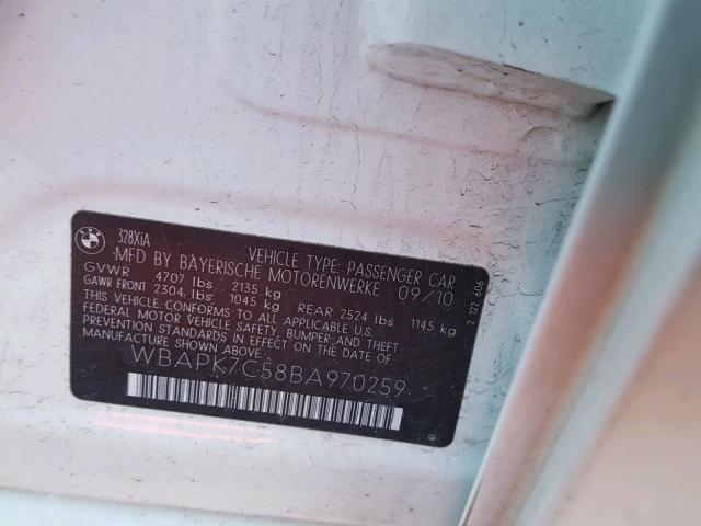 WBAPK7C58BA970259 - 2011 BMW 328 XI WHITE photo 10