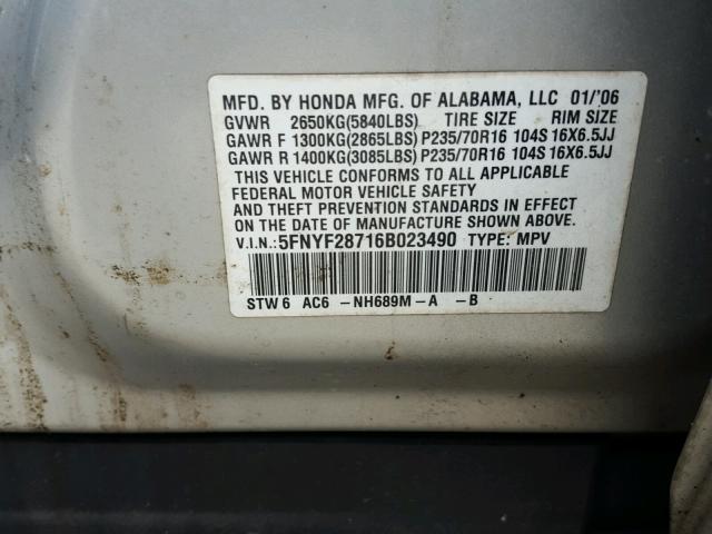 5FNYF28716B023490 - 2006 HONDA PILOT EX SILVER photo 10