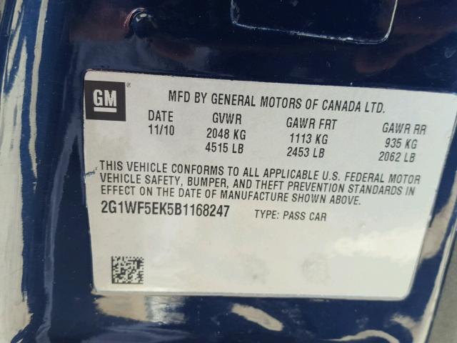 2G1WF5EK5B1168247 - 2011 CHEVROLET IMPALA LS BLUE photo 10