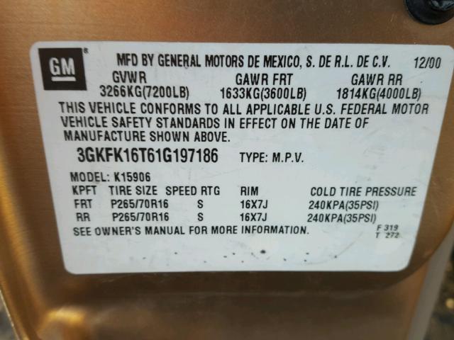 3GKFK16T61G197186 - 2001 GMC YUKON XL K GOLD photo 10