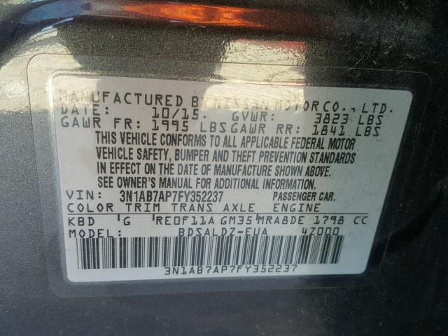 3N1AB7AP7FY352237 - 2015 NISSAN SENTRA S GRAY photo 10