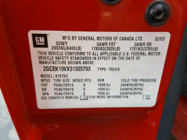 2GCEK19VX31305793 - 2003 CHEVROLET SILVERADO RED photo 10