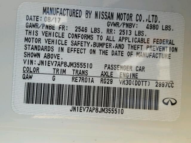 JN1EV7AP8JM355510 - 2018 INFINITI Q50 LUXE WHITE photo 10