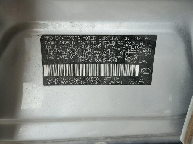 JTHBK262385085534 - 2008 LEXUS IS 250 SILVER photo 10