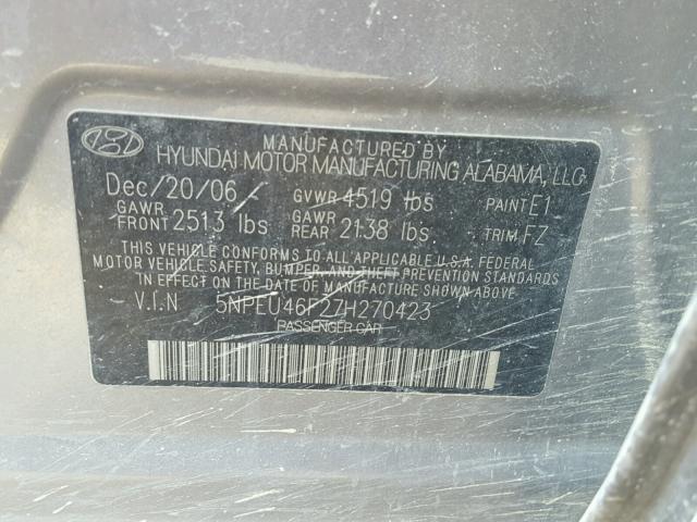 5NPEU46F27H270423 - 2007 HYUNDAI SONATA SE SILVER photo 10