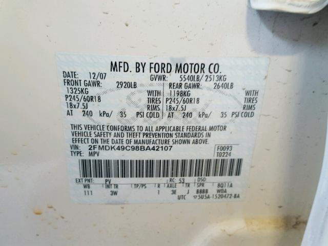 2FMDK49C98BA42107 - 2008 FORD EDGE LIMIT WHITE photo 10