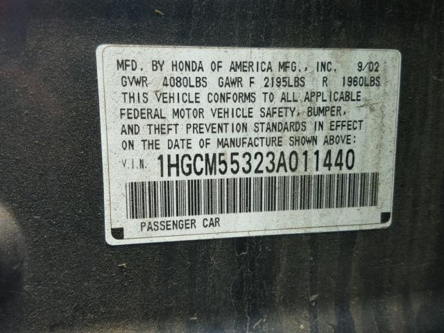 1HGCM55323A011440 - 2003 HONDA ACCORD LX GRAY photo 10