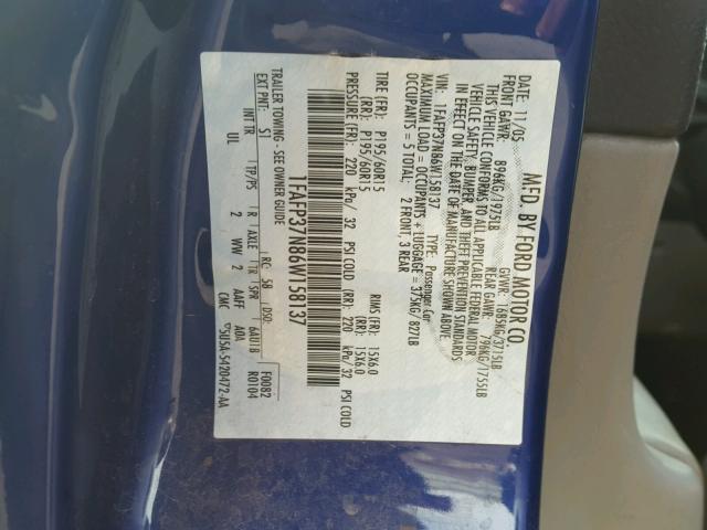 1FAFP37N86W158137 - 2006 FORD FOCUS ZX5 BLUE photo 10