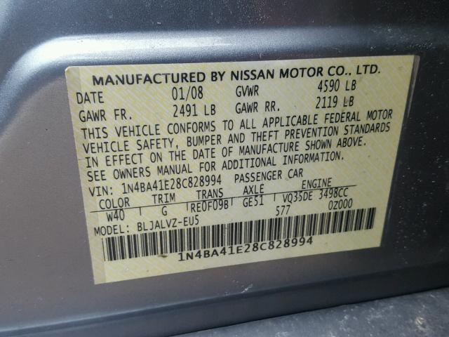 1N4BA41E28C828994 - 2008 NISSAN MAXIMA SE GRAY photo 10