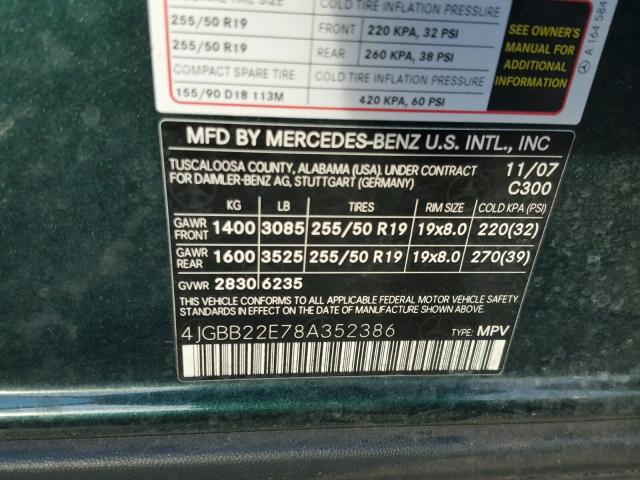 4JGBB22E78A352386 - 2008 MERCEDES-BENZ ML 320 CDI GREEN photo 10