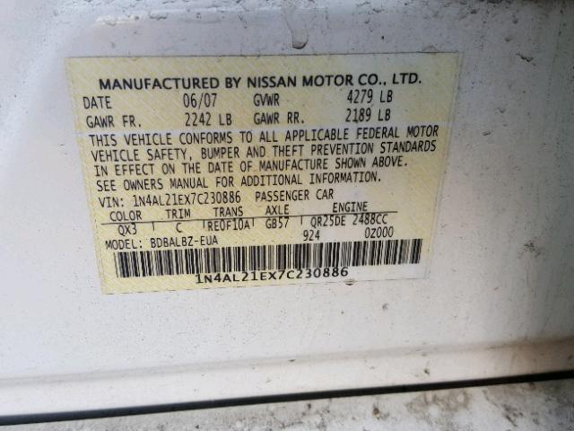 1N4AL21EX7C230886 - 2007 NISSAN ALTIMA 2.5 WHITE photo 10