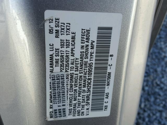 5FNRL5H29CB109595 - 2012 HONDA ODYSSEY LX SILVER photo 10