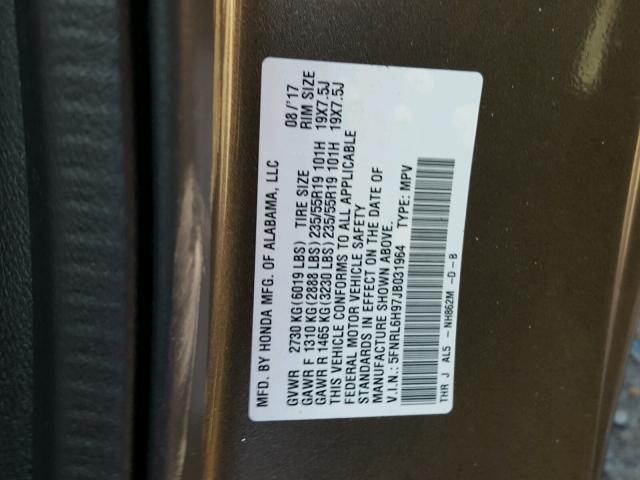 5FNRL6H97JB031964 - 2018 HONDA ODYSSEY EL GRAY photo 10