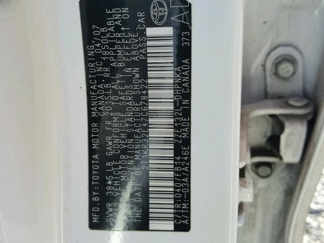 2T1KR32E47C678422 - 2007 TOYOTA COROLLA MA WHITE photo 10