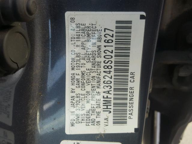 JHMFA36248S021627 - 2008 HONDA CIVIC HYBR GRAY photo 10