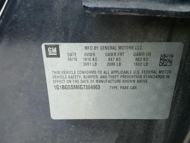 1G1BG5SM6G7304963 - 2016 CHEVROLET CRUZE PREM CHARCOAL photo 10