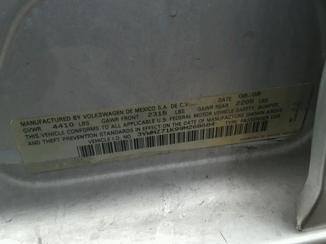 3VWMZ71K99M268584 - 2009 VOLKSWAGEN JETTA S 银色 照片 10