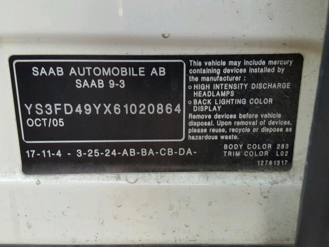 YS3FD49YX61020864 - 2006 SAAB 9-3 BASE WHITE photo 10