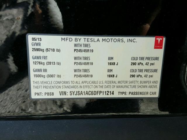 5YJSA1AC6DFP11214 - 2013 TESLA MODEL S BLACK photo 10