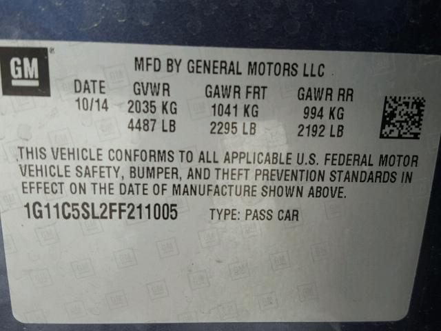 1G11C5SL2FF211005 - 2015 CHEVROLET MALIBU 1LT 蓝色 照片 10