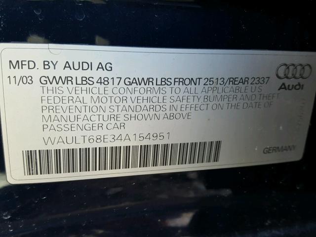 WAULT68E34A154951 - 2004 AUDI A4 3.0 QUA BLUE photo 10