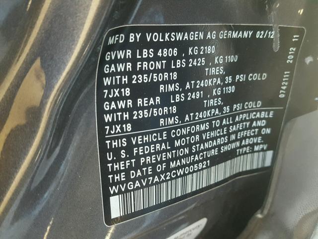 WVGAV7AX2CW005921 - 2012 VOLKSWAGEN TIGUAN S GRAY photo 10
