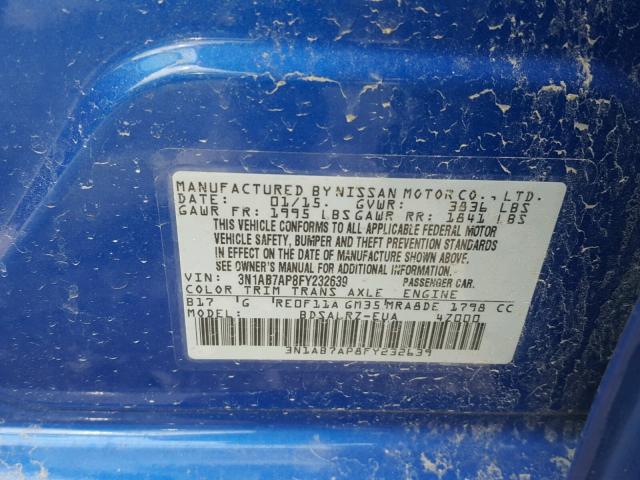 3N1AB7AP8FY232639 - 2015 NISSAN SENTRA S BLUE photo 10