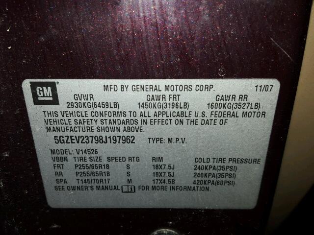 5GZEV23798J197962 - 2008 SATURN OUTLOOK XR იასამნისფერი ფოტო 10