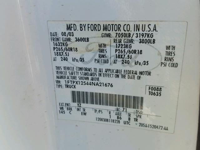 1FTPX12544NA21676 - 2004 FORD F150 WHITE photo 10