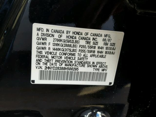 2HNYD28388H500295 - 2008 ACURA MDX TECHNO BLACK photo 10