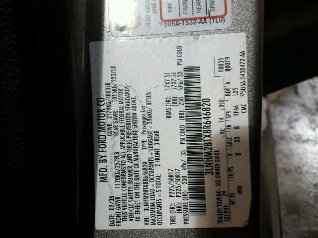 3LNHM28TX8R646820 - 2008 LINCOLN MKZ GRAY photo 10