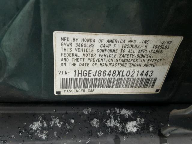 1HGEJ8648XL021443 - 1999 HONDA CIVIC EX GREEN photo 10