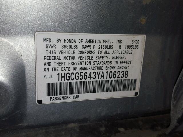 1HGCG5643YA106238 - 2000 HONDA ACCORD LX SILVER photo 10