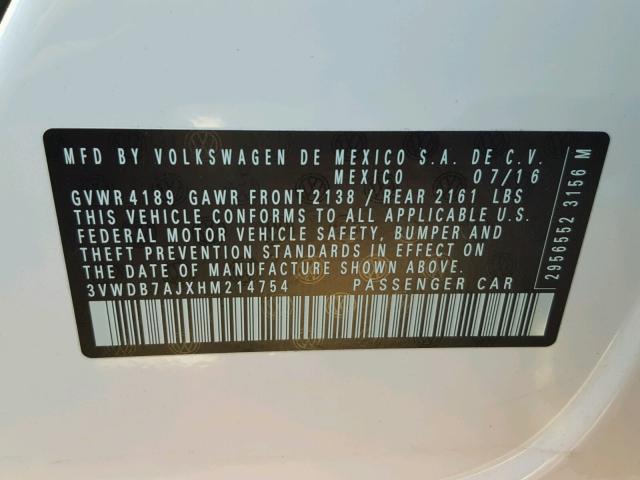 3VWDB7AJXHM214754 - 2017 VOLKSWAGEN JETTA SE WHITE photo 10